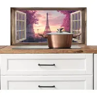 KitchenYeah Spatscherm keuken 80x40 cm - Kookplaat achterwand Doorkijk - Parijs - Eiffeltoren - Roze - Kersenbloesem - Muurbeschermer - Spatwand fornuis - Hoogwaardig aluminium