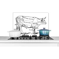 KitchenYeah Spatscherm keuken 70x50 cm - Kookplaat achterwand Antieke illustratie met het slagersdiagram van een rund - Muurbeschermer - Spatwand fornuis - Hoogwaardig aluminium