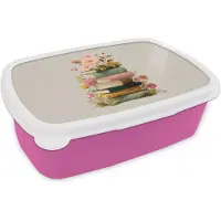 MuchoWow Broodtrommel Roze - Lunchbox Boeken - Stapel - Bloemen - Kleurrijk - Brooddoos 18x12x6 cm - Brood lunch box - Broodtrommels voor kinderen en volwassenen