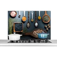 KitchenYeah Spatscherm keuken 100x65 cm - Kookplaat achterwand Kruiden - Lepels - Specerijen - Keuken - Muurbeschermer - Spatwand fornuis - Hoogwaardig aluminium