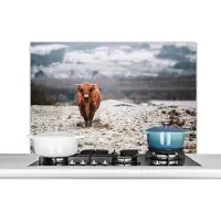 KitchenYeah Spatscherm keuken 100x65 cm - Kookplaat achterwand Schotse hooglander - Sneeuw - Lucht - Muurbeschermer - Spatwand fornuis - Hoogwaardig aluminium