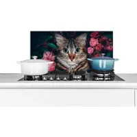 KitchenYeah Spatscherm keuken 70x30 cm - Kookplaat achterwand Kat - Bloemen - Bladeren - Botanisch - Muurbeschermer - Spatwand fornuis - Hoogwaardig aluminium