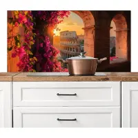 KitchenYeah Spatscherm keuken 120x60 cm - Kookplaat achterwand Colosseum - Rome - Roze Bloemen - Muurbeschermer - Spatwand fornuis - Hoogwaardig aluminium