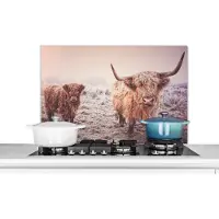 KitchenYeah Spatscherm keuken 90x60 cm - Kookplaat achterwand Schotse Hooglanders - Sneeuw - Zon - Muurbeschermer - Spatwand fornuis - Hoogwaardig aluminium
