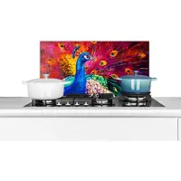 KitchenYeah Spatscherm keuken 60x30 cm - Kookplaat achterwand Schilderij - Vogel - Pauw - Olieverf - Muurbeschermer - Spatwand fornuis - Hoogwaardig aluminium