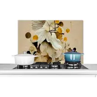 KitchenYeah Spatscherm keuken 90x60 cm - Kookplaat achterwand Bloemen - Planten - Goud - Vintage - Muurbeschermer - Spatwand fornuis - Hoogwaardig aluminium