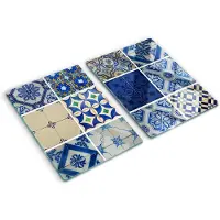 Tulup Glazen Snijplank - Blauw Tegels Snijplank Glas - SET van 2 STUKS 40 x 52 cm - Anti-Slip Snijplanken-Serveerplanken van glas-UV Gelaagd Glas Serveerplanken-Dienblad-Kookbenodigdheden