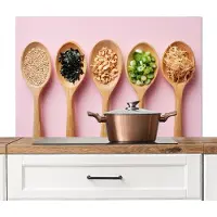KitchenYeah Spatscherm keuken 100x65 cm - Kookplaat achterwand Ingrediënten - Lepels - Hout - Roze - Muurbeschermer - Spatwand fornuis - Hoogwaardig aluminium