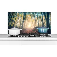KitchenYeah Spatscherm keuken 100x50 cm - Kookplaat achterwand Bos - Mist - Zon - Herfst - Muurbeschermer - Spatwand fornuis - Hoogwaardig aluminium