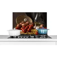 KitchenYeah Spatscherm keuken 60x40 cm - Kookplaat achterwand Snijplank - Groente - Stilleven - Pasta - Uit - Tomaat - Snijplank - Muurbeschermer - Spatwand fornuis - Hoogwaardig aluminium