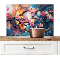 KitchenYeah Spatscherm keuken 90x60 cm - Kookplaat achterwand Bloemen - Tak - Artistiek - Roze - Muurbeschermer - Spatwand fornuis - Hoogwaardig aluminium