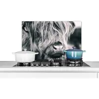KitchenYeah Spatscherm keuken 70x50 cm - Kookplaat achterwand Schotse hooglander - Koe - Zwart - Wit - Muurbeschermer - Spatwand fornuis - Hoogwaardig aluminium