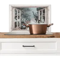 KitchenYeah Spatscherm keuken 60x40 cm - Kookplaat achterwand Bos - Winter - Bomen - Natuur - Pad - Doorkijk - Wit - Muurbeschermer - Spatwand fornuis - Hoogwaardig aluminium