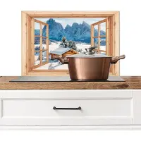 KitchenYeah Spatscherm keuken 70x50 cm - Kookplaat achterwand Doorkijk - Winterlandschap - Huisje - Bergen - Uitzicht - Muurbeschermer - Spatwand fornuis - Hoogwaardig aluminium