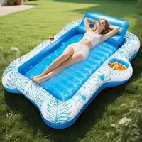Karma Opblaasbaar zwembad, 180 × 120 cm, met afneembaar nekkussen, 2 bekerhouders, ergonomische geribbelde basis, multifunctioneel badeiland voor tuin, strand, meren