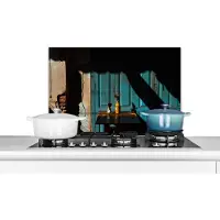 KitchenYeah Spatscherm keuken 60x40 cm - Kookplaat achterwand Deur - Blauw - Architectuur - Vaas - Muurbeschermer - Spatwand fornuis - Hoogwaardig aluminium