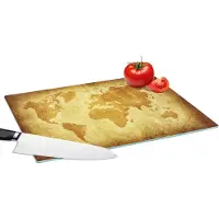 KitchenYeah Glazen Snijplank - 39x28 - Wereldkaart - Vintage - Bruin - Snijplanken Glas