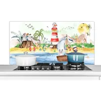 KitchenYeah Spatscherm keuken 120x60 cm - Kookplaat achterwand Strand - Dieren - Kinderen - Vuurtoren - Jongens - Muurbeschermer - Spatwand fornuis - Hoogwaardig aluminium