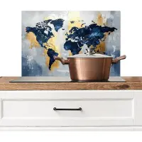 KitchenYeah Spatscherm keuken 60x40 cm - Kookplaat achterwand Wereldkaart - Blauw - Abstract - Muurbeschermer - Spatwand fornuis - Hoogwaardig aluminium