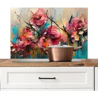 KitchenYeah Spatscherm keuken 90x60 cm - Kookplaat achterwand - Roze bloemen abstract - Muurbeschermer hittebestendig - Spatwand fornuis - Hoogwaardig aluminium - Keukenaccessoires