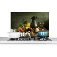 KitchenYeah Spatscherm keuken 80x55 cm - Kookplaat achterwand Rustiek - Kaas - Theekan - Fruit - Stilleven - Muurbeschermer - Spatwand fornuis - Hoogwaardig aluminium