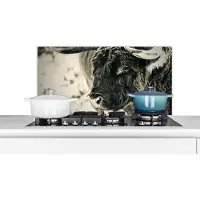 KitchenYeah Spatscherm keuken 80x40 cm - Kookplaat achterwand Schotse Hooglander - Sneeuw - Horens - Muurbeschermer - Spatwand fornuis - Hoogwaardig aluminium