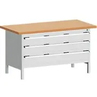 Bott cubio box-type werkbank, rood beukenhouten blad 40 mm, 3 laden, B 1500 x D 750 x H 840 mm, lichtgrijs