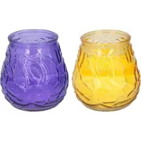 Arti Casa 4x stuks citronella Lowboy tafelkaarsen - 10 cm - geel en paars glas - geurkaarsen