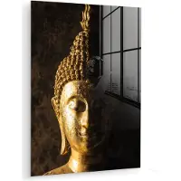 MuchoWow Glasschilderij - Foto op glas - Buddha beeld - Goud - Boeddha - Spiritueel - Schilderij glas - Wanddecoratie - 120x160 cm - Acrylglas - Glasschilderij binnen - Muurdecoratie