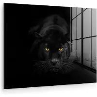 MuchoWow Glasschilderij panter - Dieren - Zwart - Portret - Schilderij glas - Muurdecoratie woonkamer - 160x120 cm - Wanddecoratie glas - Foto op glas - Slaapkamer - Glasplaat - Kamer decoratie