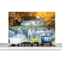 KitchenYeah Spatscherm keuken 100x65 cm - Kookplaat achterwand Waterval - Herfst - Bomen - Bruin - Water - Muurbeschermer - Spatwand fornuis - Hoogwaardig aluminium