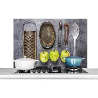 KitchenYeah Spatscherm keuken 100x65 cm - Kookplaat achterwand Appel - Keukengerei - Keukengereedschap - Muurbeschermer - Spatwand fornuis - Hoogwaardig aluminium