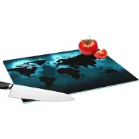 KitchenYeah Glazen Snijplank - 39x28 - Wereldkaart - Zwart - Blauw - Snijplanken Glas