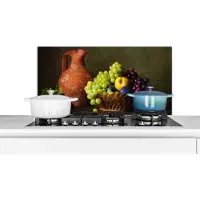 KitchenYeah Spatscherm keuken 80x40 cm - Kookplaat achterwand Rustiek - Fruit - Kan - Mand - Stilleven - Muurbeschermer - Spatwand fornuis - Hoogwaardig aluminium