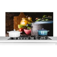 KitchenYeah Spatscherm keuken 120x60 cm - Kookplaat achterwand Rustiek - Stilleven - Pan - Groente - Muurbeschermer - Spatwand fornuis - Hoogwaardig aluminium