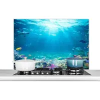 KitchenYeah Spatscherm keuken 100x65 cm - Kookplaat achterwand Onderwaterwereld - Zeedieren - Water - Zee - Koraal - Blauw - Muurbeschermer - Spatwand fornuis - Hoogwaardig aluminium