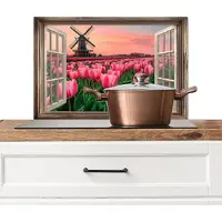 KitchenYeah Spatscherm keuken 70x50 cm - Kookplaat achterwand Doorkijk - Tulpen - Bloemen - Molen - Raam - Muurbeschermer - Spatwand fornuis - Hoogwaardig aluminium