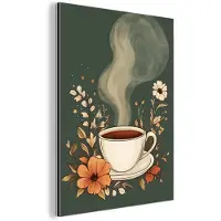 MuchoWow Aluminium schilderij 120x160 cm - Wanddecoratie metaal - Kop - Bloemen - Groen - Koffie - Metalen muurdecoratie woonkamer - Decoratie industrieel - Foto op dibond - Industriële accessoires slaapkamer