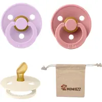 BIBS Dental fopspenen Anatomical 0-6 maanden- Set 3 stuks- Ivory , Dusty Pink, Violet Sky + Monkiezz speenzakje - orthodontisch- Anatomisch- Maat 1