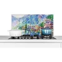 KitchenYeah Spatscherm keuken 90x45 cm - Kookplaat achterwand Schilderij - Olieverf - Huis - Bergen - Water - Muurbeschermer - Spatwand fornuis - Hoogwaardig aluminium
