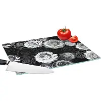 KitchenYeah Glazen Snijplank - 39x28 - Rozen - Zwart Wit - Patronen - Snijplanken Glas