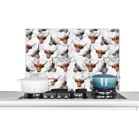 KitchenYeah Spatscherm keuken 90x60 cm - Kookplaat achterwand Schotse hooglander - Koe - Marmer print - Muurbeschermer - Spatwand fornuis - Hoogwaardig aluminium