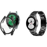 Strap-it Stalen Schakel Band + TPU Case (Zwart) - Geschikt voor Samsung Galaxy Watch 4 40mm - Metalen RVS Band voor Galaxy Watch 4 - Schakelarmband - Luxe & duurzame bescherming - Zwart