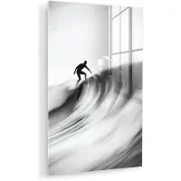 MuchoWow Glasschilderij 120x180 cm - Schilderij acrylglas - Surfer - Golf - Vervaagd - Zwart - Foto op glas - Muurdecoratie woonkamer - Wanddecoratie slaapkamer - Schilderijen