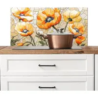 KitchenYeah Spatscherm keuken 80x40 cm - Kookplaat achterwand Klaprozen - Oranje - Mozaïek - Bladeren - Muurbeschermer - Spatwand fornuis - Hoogwaardig aluminium