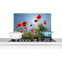 KitchenYeah Spatscherm keuken 60x40 cm - Kookplaat achterwand Felle zon boven een aantal klaprozen in Spanje - Muurbeschermer - Spatwand fornuis - Hoogwaardig aluminium