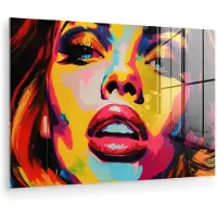 MuchoWow Glasschilderij 180x120 cm - Schilderij acrylglas - Vrouw - Gezicht - Kleurrijk - Foto op glas - Muurdecoratie woonkamer - Wanddecoratie slaapkamer - Schilderijen