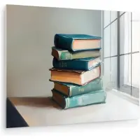 MuchoWow Glasschilderij 160x120 cm - Schilderij acrylglas - Stapel - Boeken - Groen - Daglicht - Foto op glas - Muurdecoratie woonkamer - Wanddecoratie slaapkamer - Schilderijen