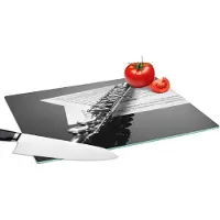 KitchenYeah Glazen Snijplank - 39x28 - Dwarsfluit met kleppen op bladmuziek - zwart wit - Snijplanken Glas