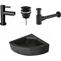 Lambini Designs Corner natuursteen fonteinset met zwarte kraan en toebehoren